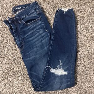 American Eagle Outfitters Women's Dark Blue Ripped Skinny Jeans